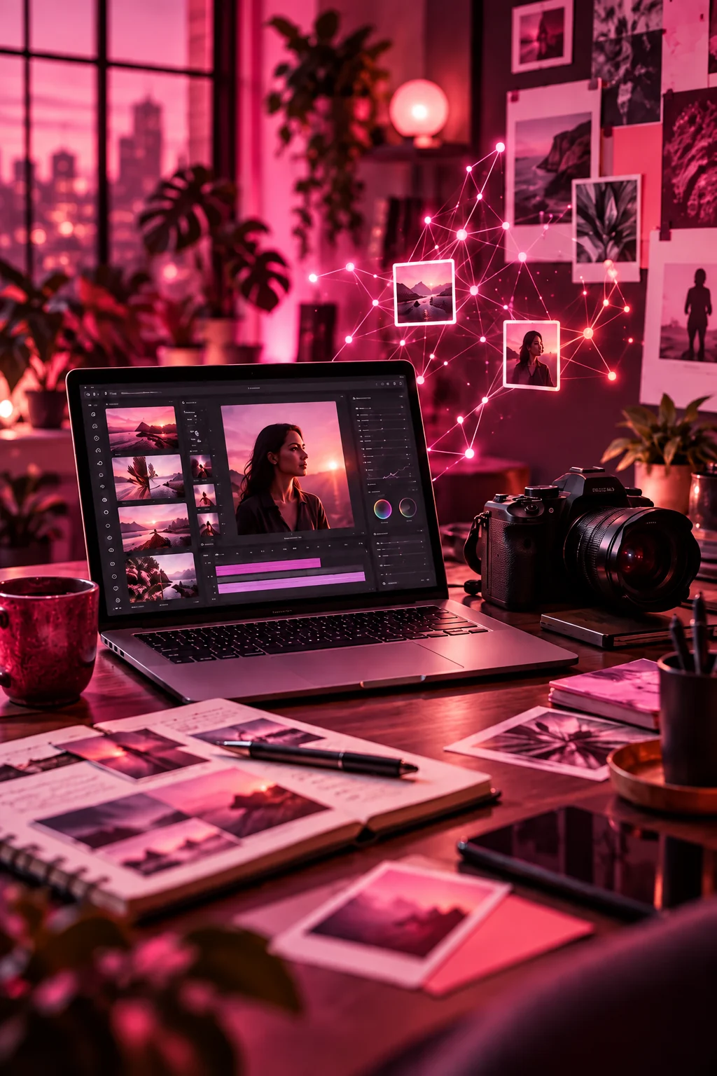 A creative content workstation with a laptop, camera, and visual research