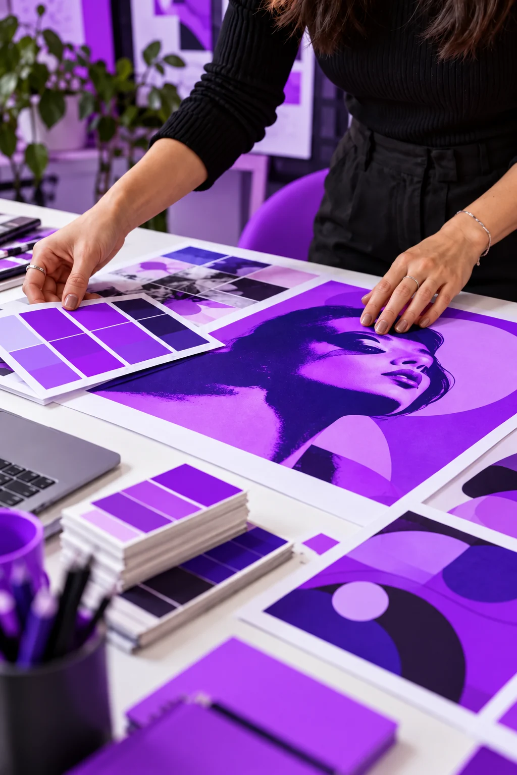 A designer arranging vibrant campaign prints and color palettes