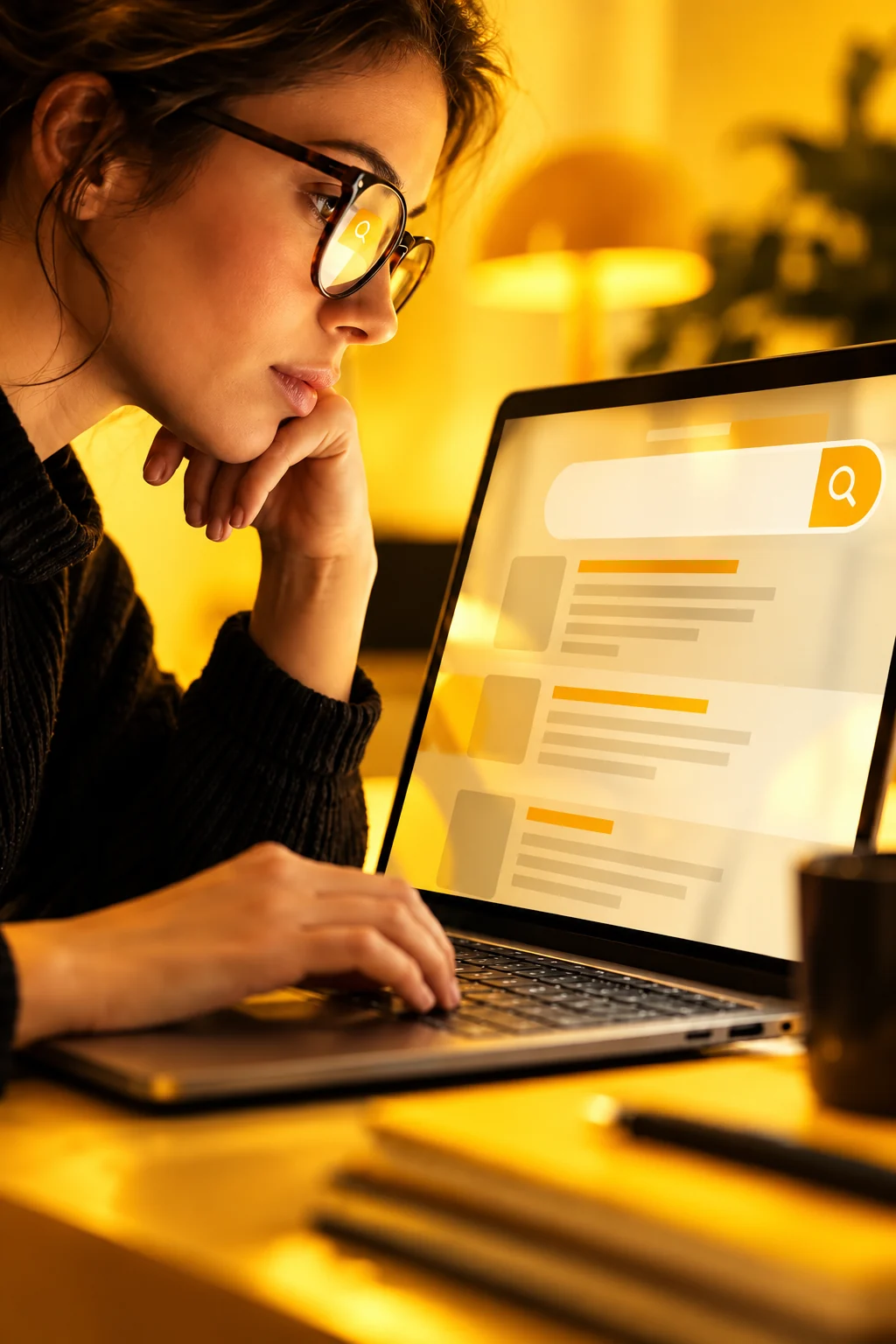 A business owner researching search results on a laptop
