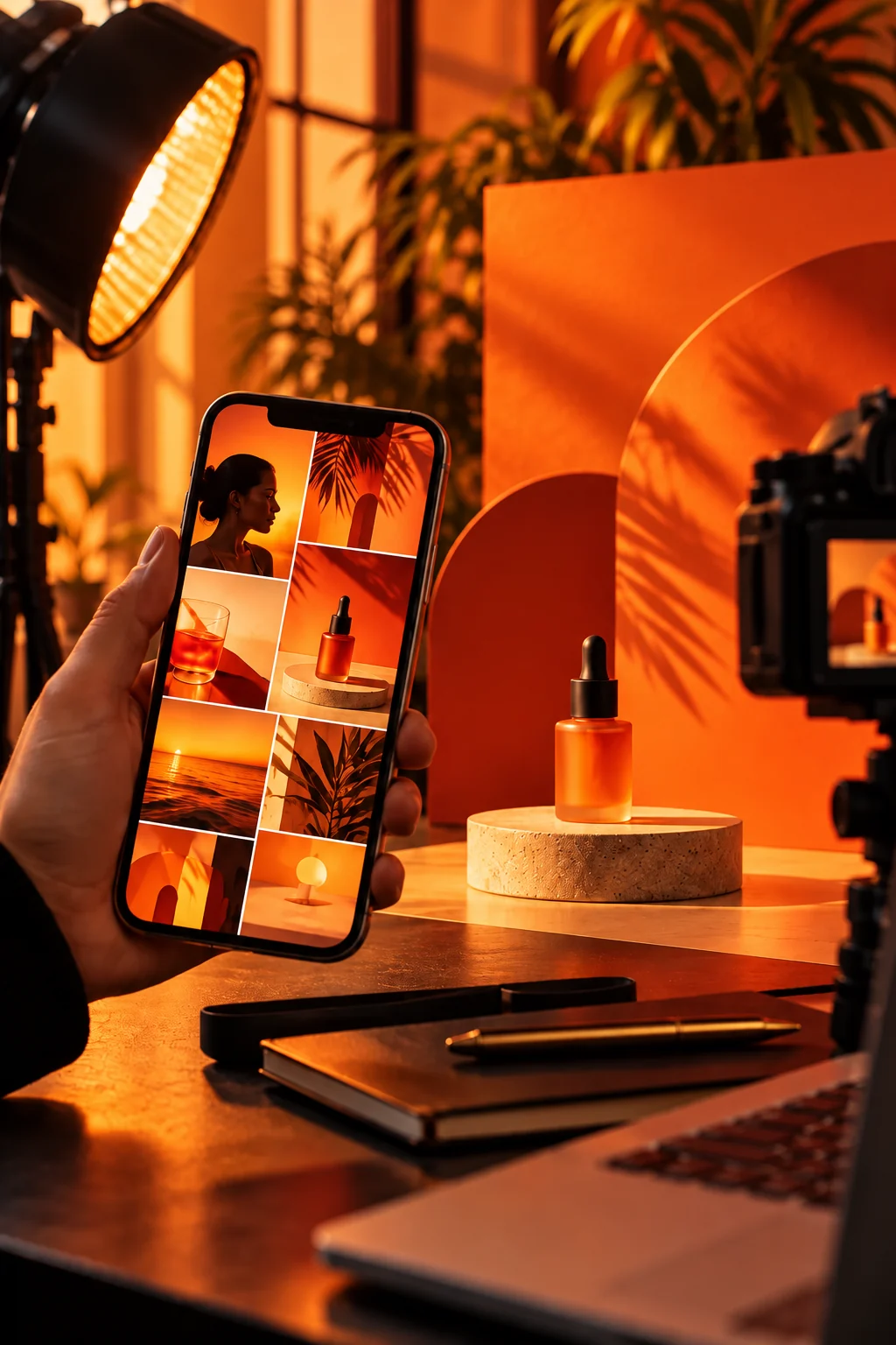 Social content campaign being planned on a phone in a creative studio