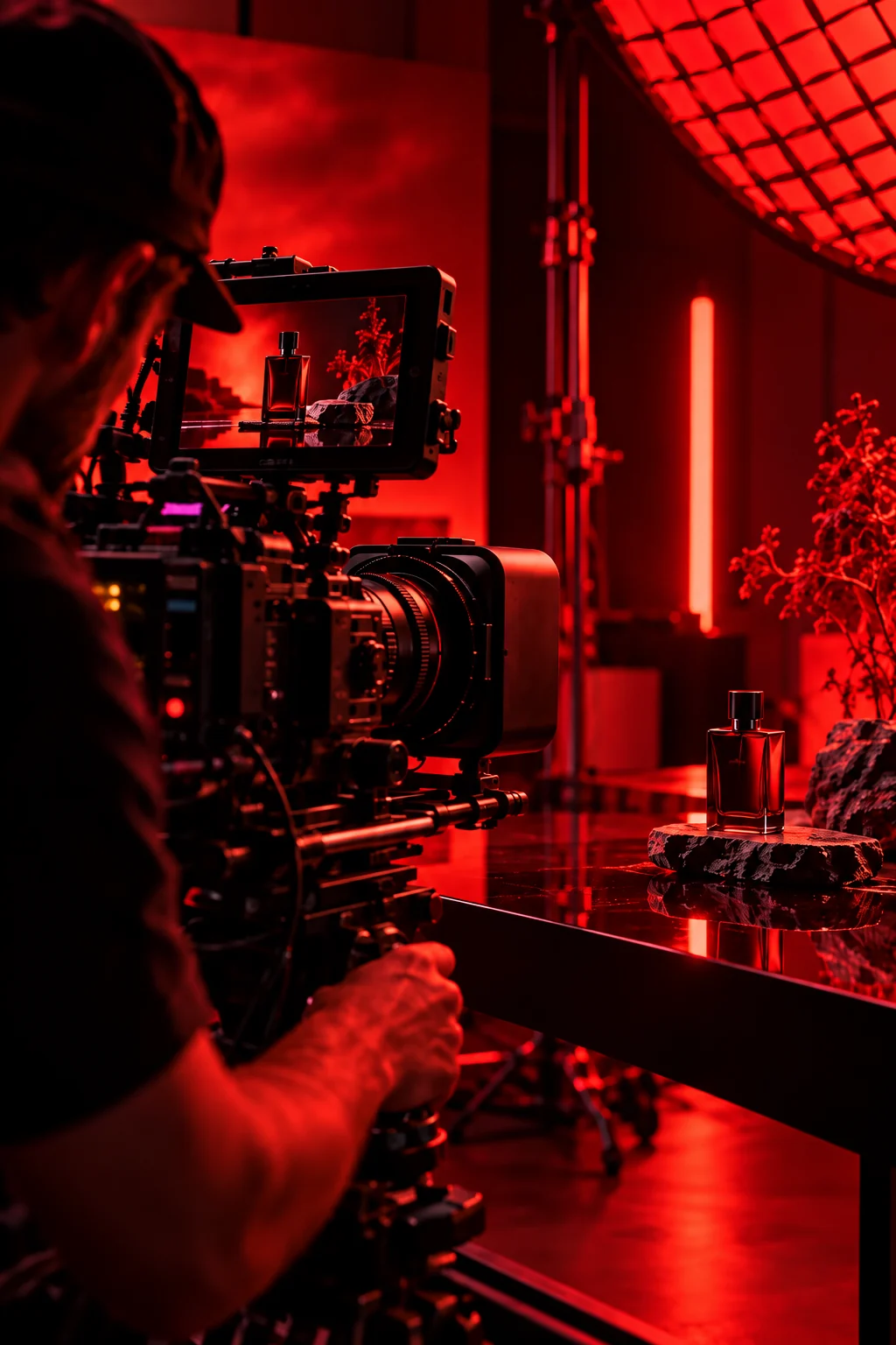A cinema camera filming a product scene in a studio