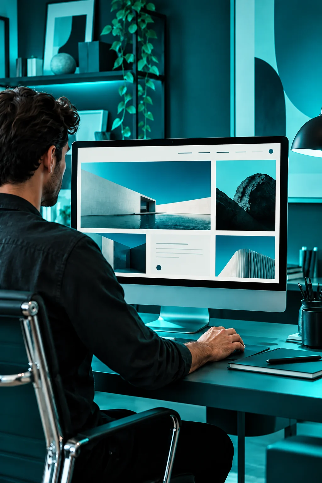 A web designer reviewing a clean website layout on a desktop display